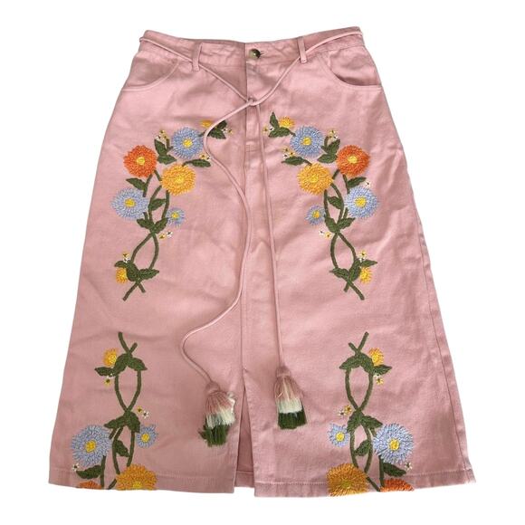 Hannah ArtWear Paula Skirt Embroidered Flower Denim Skirt Sz‎ Small Cottage Core - Picture 1 of 7